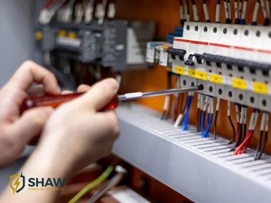 Electrical technician performing preventive maintenance.