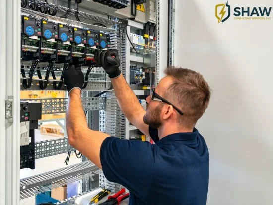 Electrical technician inspecting an industrial control panel to improve electrical safety and reduce arc flash risks.